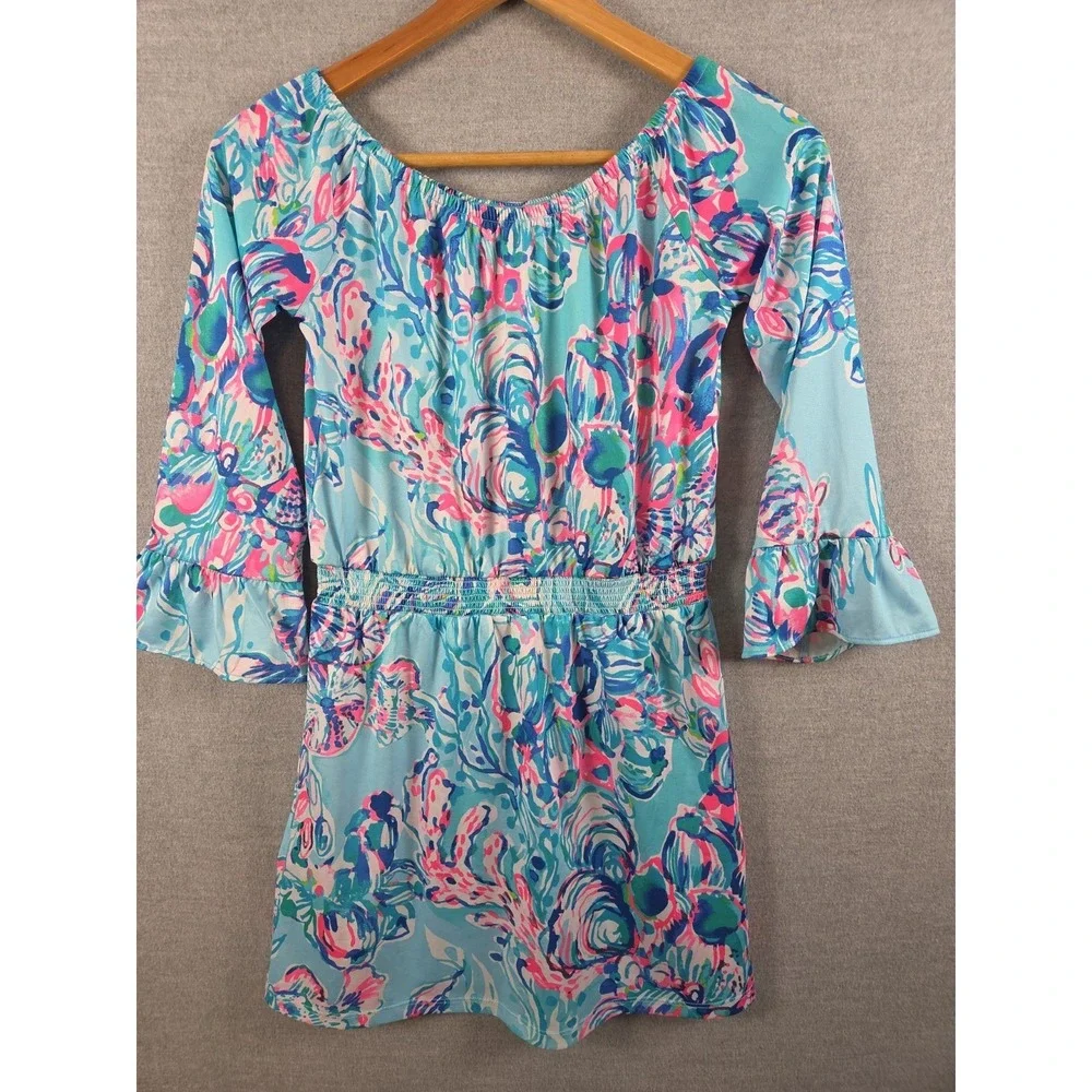 Lilly Pulitzer Girls L Off Shoulder Sundress Romper Skirt Blue Pink Bell Sleeve